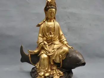 

12 "China Buddhism Bronze Guanyin Kwan-yin Buddha Ride Fish Statue