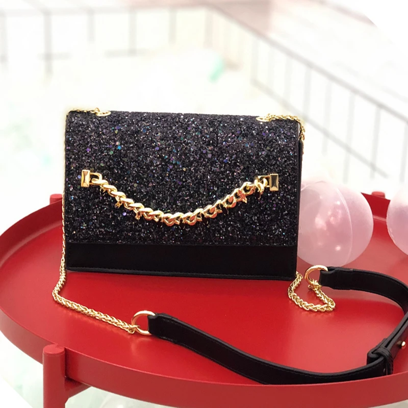 

2019 new chain bag personality fashion color contrast sequins chain small square bag one shoulder diagonal Handbags