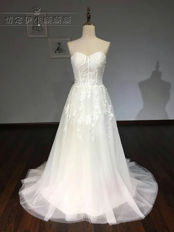 A line White Ivory font b Wedding b font Dress Illusion Bodice Simple Tulle Cheap Plus