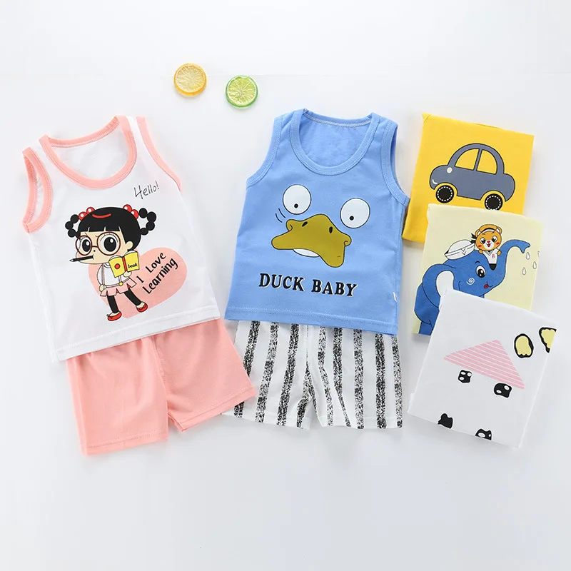 

2019 Summer New Baby Kids Clothes Children's Vest Suit Child Pure Cotton Cartoon Print Soft Comfortable Shirt+Shorts Sets