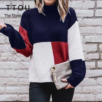 

Panelled Color Turtleneck Sweater Fashion Women Autumn Winter Knitted Pullover Long Sleeve Loose Casual Jumper Top for Female