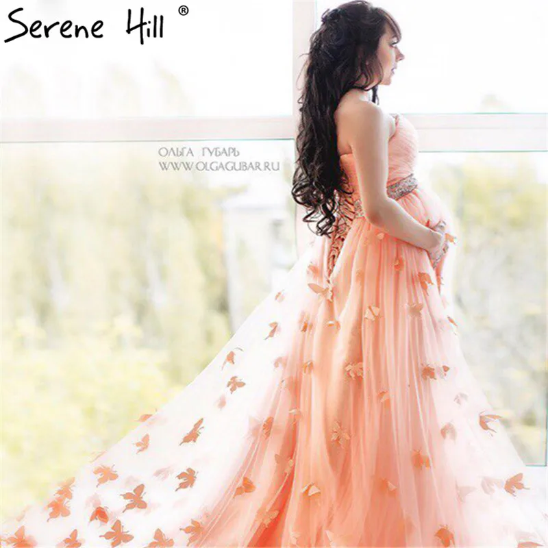 

2019 Sexy Peach Butterfly Evening Dress Belt PhotoGrappy Tulle Formal Evening Dress Real Picture Serene Hill HA2118