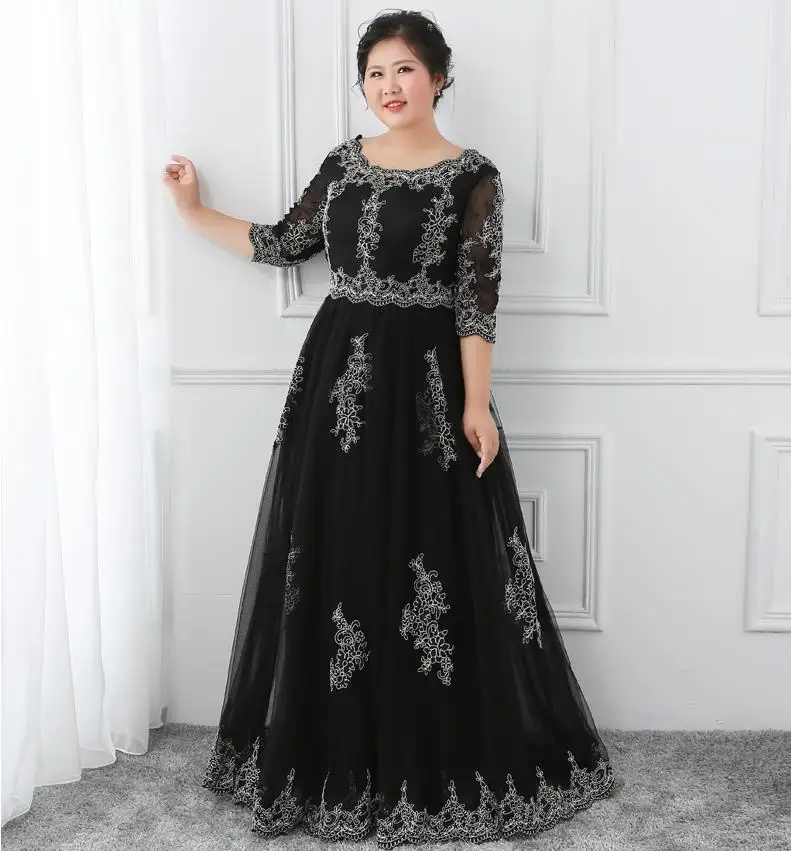 Черные вечерние платья больших размеров, длинные кружевные накладные аппликации на половину рукава, элегантное вечернее платье для матери невесты