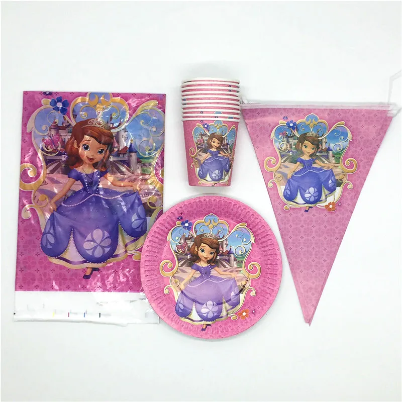

Hot Sales Sofia Theme Design 31Pcs/Lot Kids Birthday Party Decoration Cups Plates Flags Tablecloth Set Supplies For 10People Use
