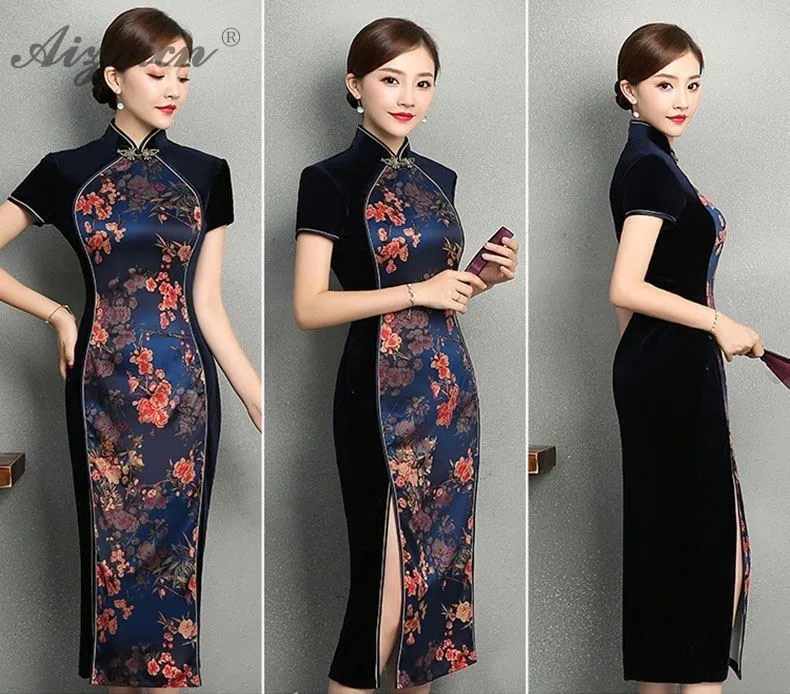 Оригинальный ретро черный длинный Cheongsam Китайский Femme элегантный тонкий Qi Pao платья китайское традиционное платье Ципао Восточный стиль