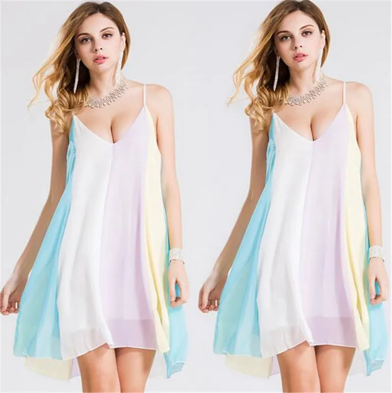 

Summer Plus Size S-5XL Women Dress Chiffon Spaghetti Strap Sexy Rainbow Dress Casual Striped Loose Knee-Length Beach Vestidos