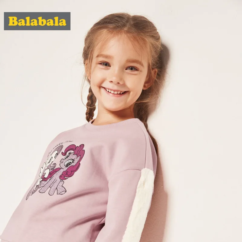 Kopen Balabala Meisjes Fleece Gevoerde Sweatshirt met Motief Faux Fur op Mouw Dropped Schouder Pull over Sweatshirt Geribde Manchetten en Zoom
