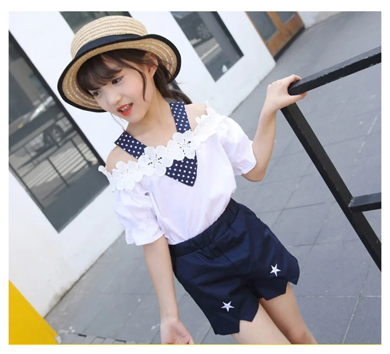 summer girls clothing sets children off-the-shoulder lace shorts pant two-piece girls clothing suit (4)