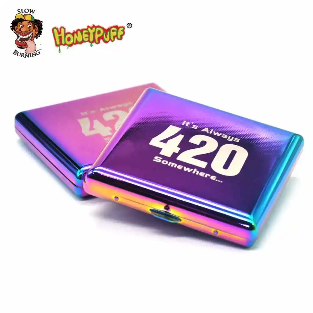 

"420" Pattern Ice Rainbow Color Metal Cigarette Case (90x80MM) Hold 20 Regular Size Cigarettes (85mm*8mm) With 2 Clips