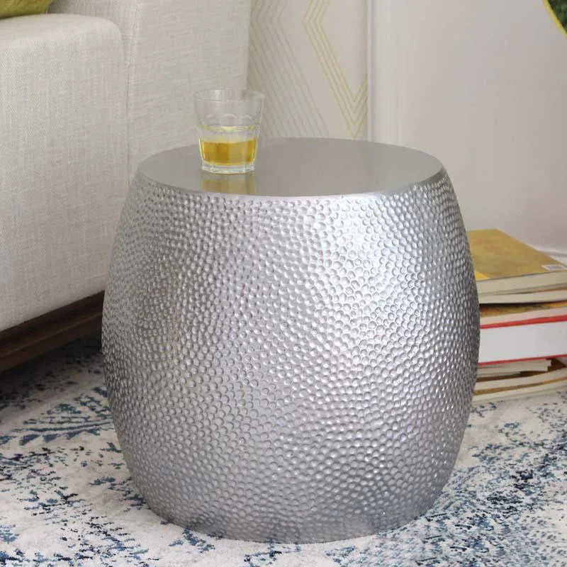 Silver Color Fiberglass Coffee Table Living Room Art Round Drum End Table Modern Leisure Side Table