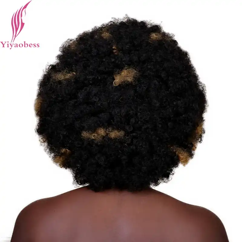 Yiyaobess 30cm Golden Highlights On Black Hair Synthetic Short Afro Kinky Curly Wig African American Wigs For Black Women