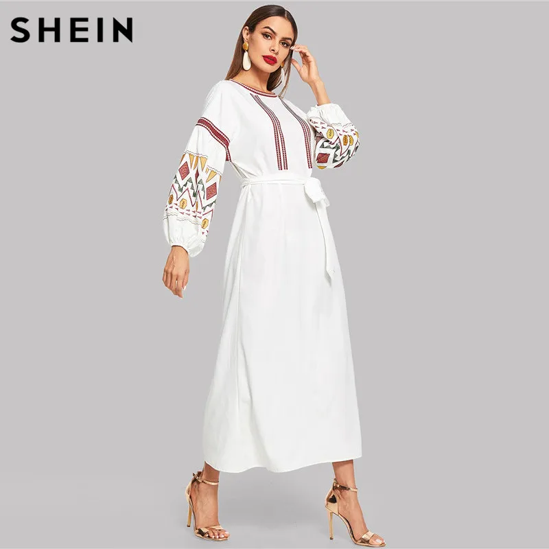 SHEIN Платье С Поясом С Фонарными Рукавами Весна Осень Бежевый Природа Талии Вышитые С Длинным Рукавом Женщины Длинные Платья