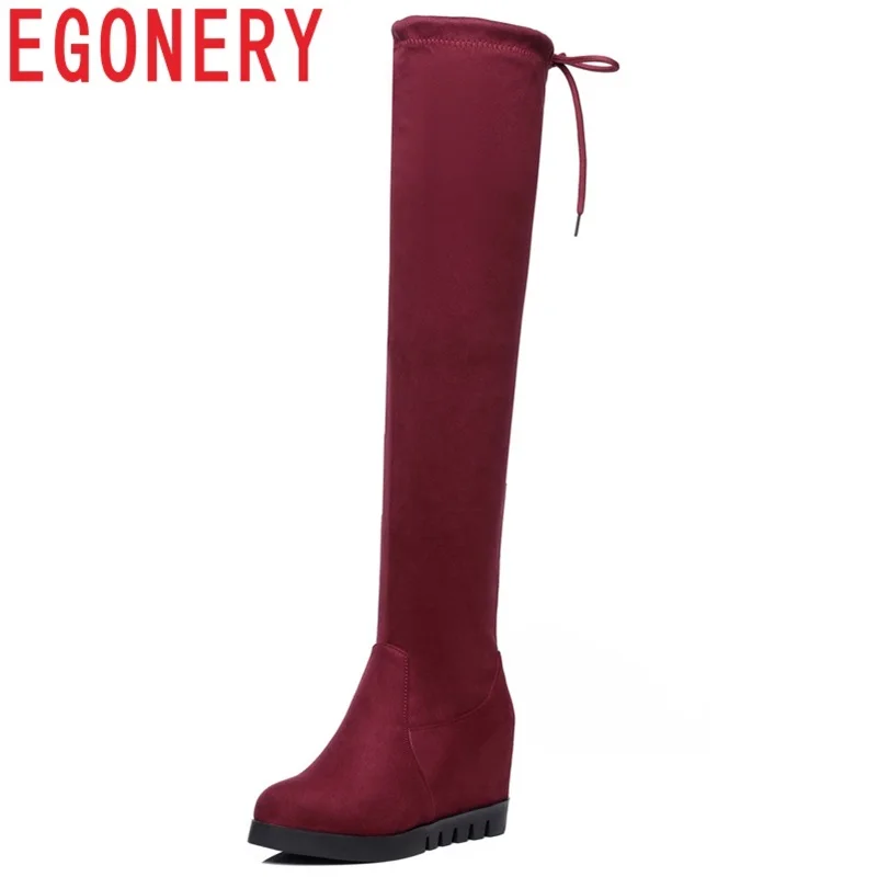 

EGONERY 2018 winter new concise outside warm super high height increasing platform round toe flock over knee boots size 34-43