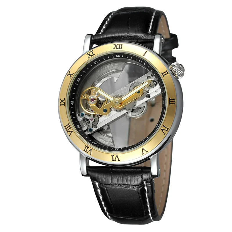 Forsining, роскошный дизайн, прозрачный чехол, коричневый кожаный ремешок, мужские часы, Топ бренд, Роскошные автоматические скелетные наручные часы - Цвет: gold black