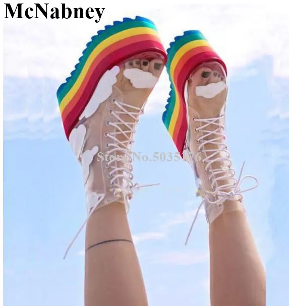 

Transparent PVC Melaleuca Cross-tied Round Toe High Wedges Heels Ladies Mid-Calf Short Boots Lace-Up Spring/Autumn Women Shoes