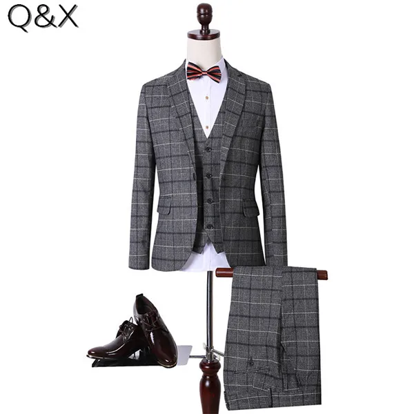 

MS64 Grey Slim Fit Men Checks Plus Size Tuxedos Wedding Suits Groomsmen Suits One Button Men 3 Pieces Suit (Jacket+Pants+Vest)