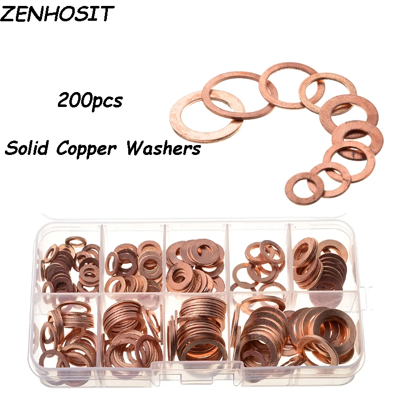 ZENHOSIT 200PCS Copper Washer Gasket Set M5/M6/M8/M10/M12/M14 For