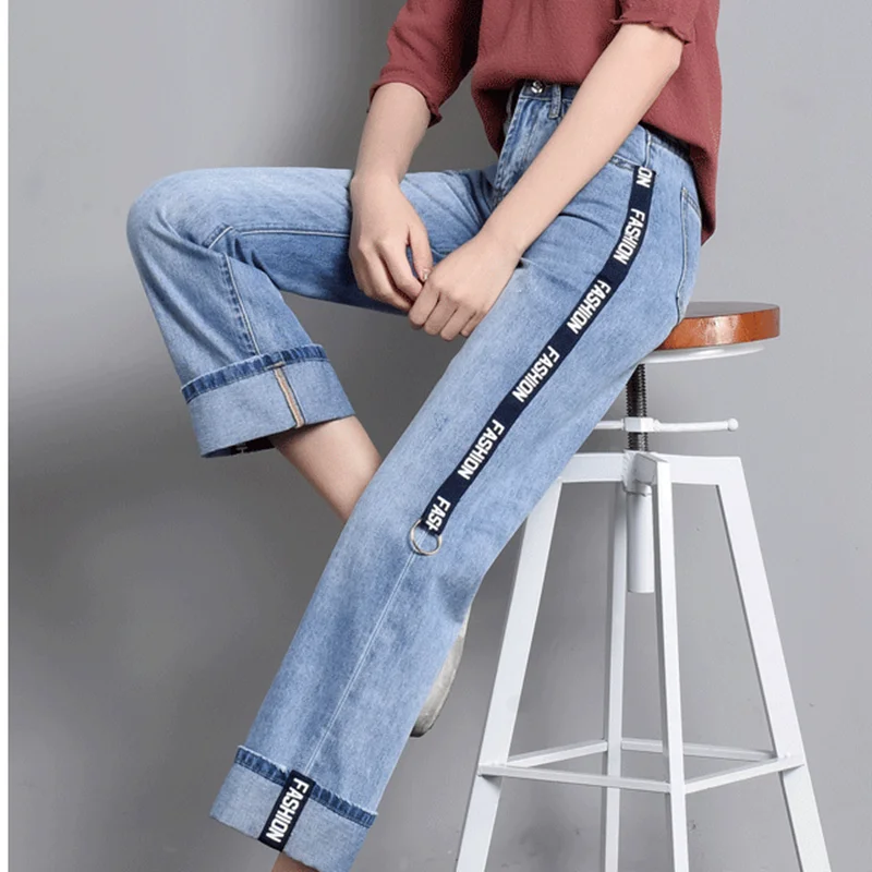 Mom Jeans with stripe summer 2018 women jeans with side pockets Wide Leg Pants mid rise new arrival denim trousers AA3503 a