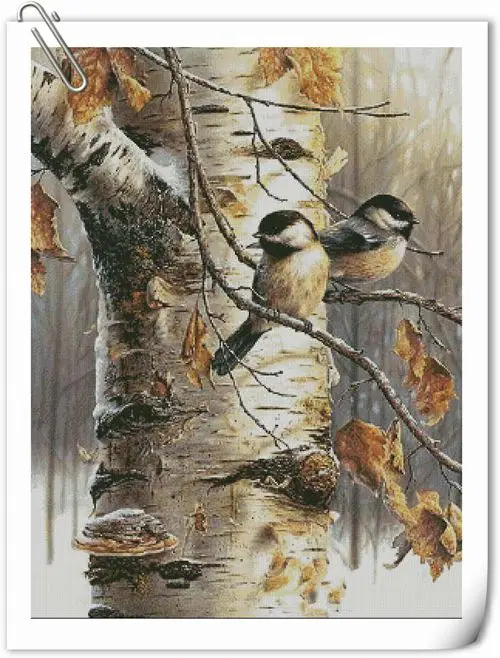 Cross Stitch Kit Two Tomtit Tit Titmouse Sparrow on Birch Tree in Autumn Forest Birds of a Feather