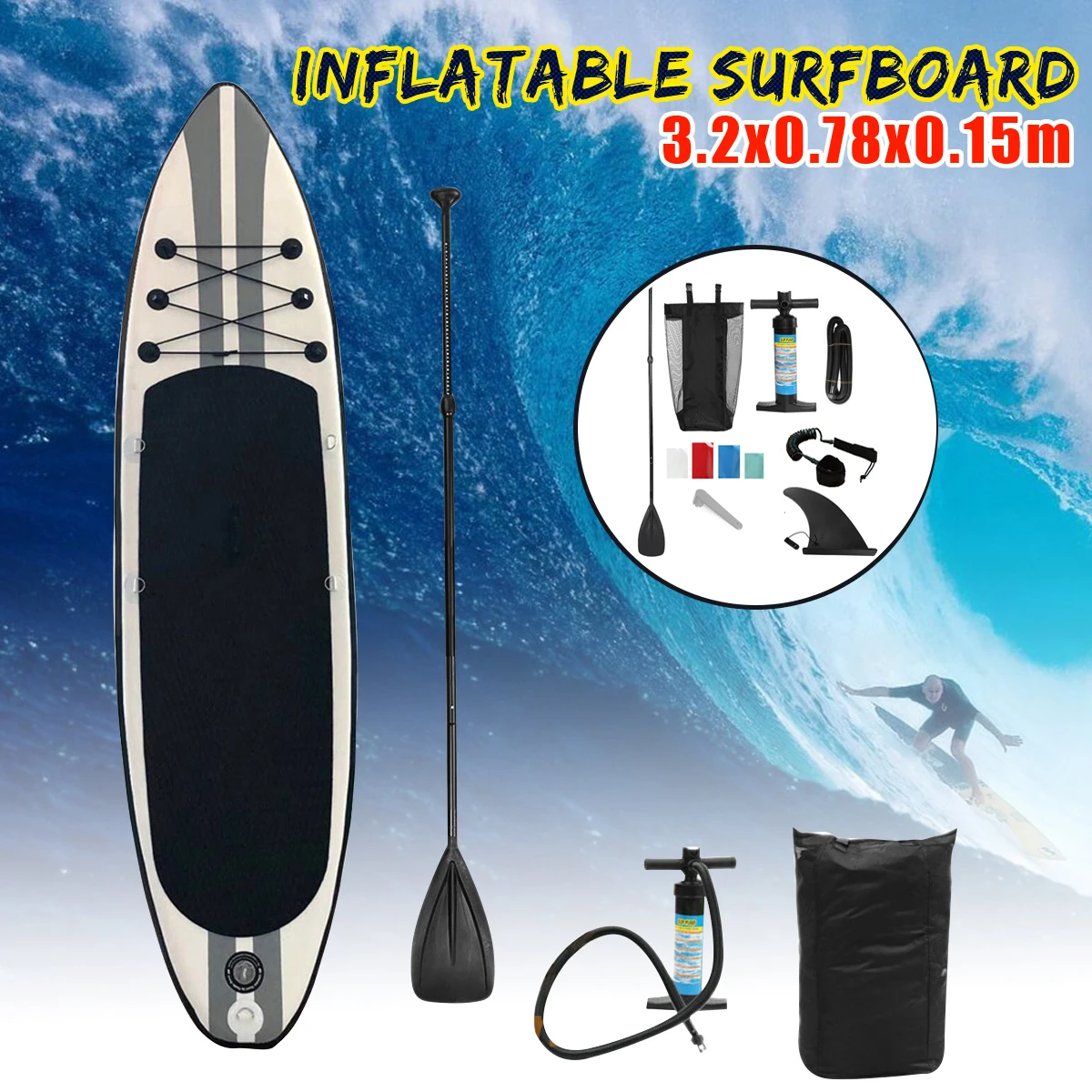SGODDE نفخ مجداف وقوف ركوب الأمواج لوح التزلج المياه الرياضة لوح تزلج على الماء مع مجداف مضخة القدم حبل إنقاذ 320x78x15 سنتيمتر
