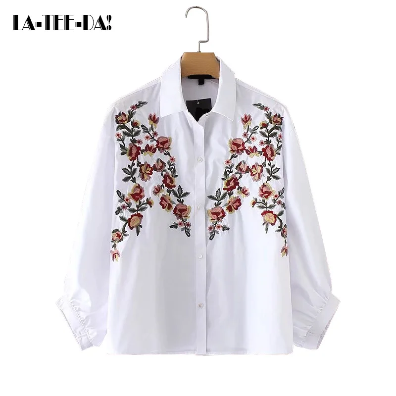 

LTD101173 New Embroidery Blouses Women Flowers Shirts Lady Fashion Collar Single Breasted Female Floral Elegant Loose Vestidos