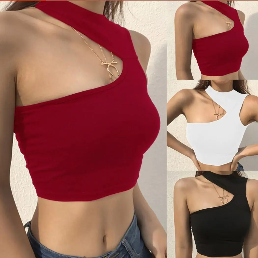 

New Fashion Women Casual O-Neck Sleeveless Solid Bare Belly Button Cold One Shoulder, Short Tops None