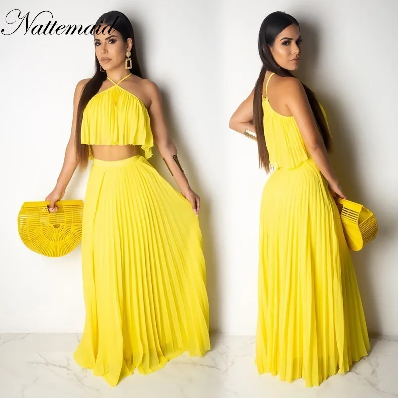 

NATTEMAID Summer Chiffon Casual Two-piece Set Halter Wrapped Chest Pleated Top And Long Skirt Summer Set 2 Piece Set Women