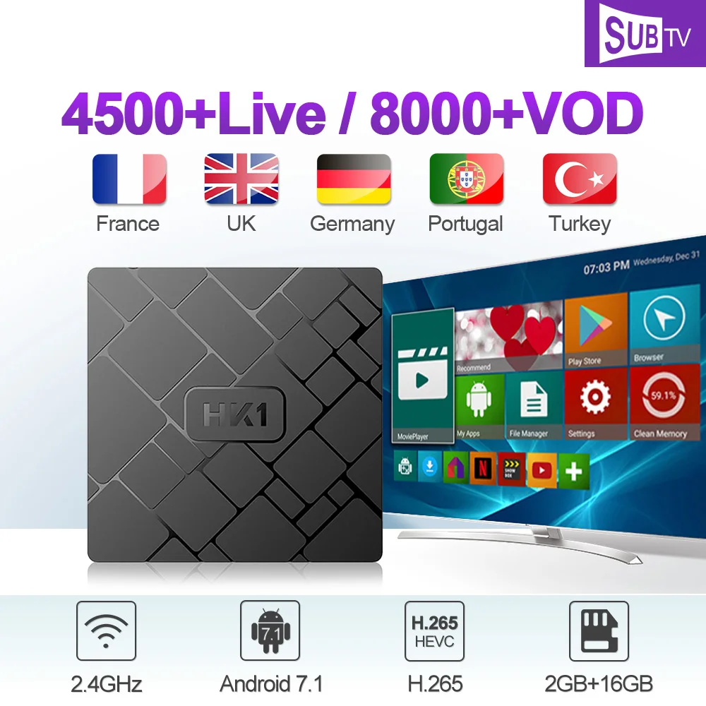 

SUBTV 1 Year Arabic France IPTV Code HK1 Android 7.1 2G+16G IPTV Arabic France IP TV Subscription Android 7.1 IPTV Canada Italy
