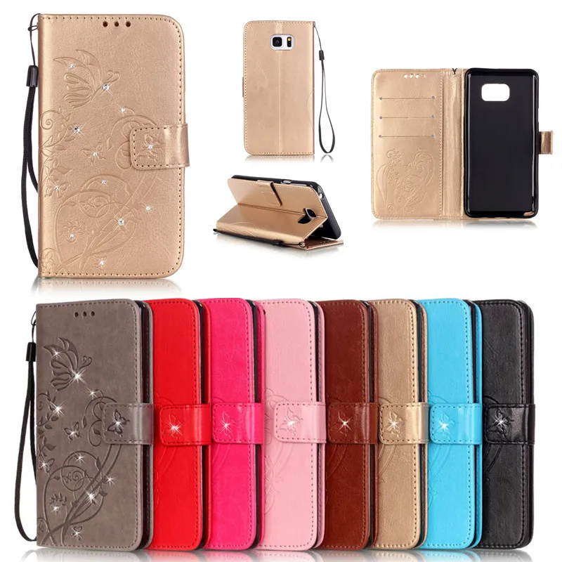

Bling Book Style PU Leather Flip Butterfly Case Cover For Samsung Galaxy Note4 N9100/Note5 N9200/Note7 Phone Bags+Strap