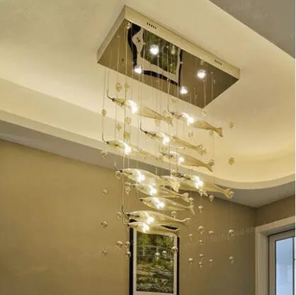 

Simple modern bar living room lights restaurant LED flying fish lighting hotel creative rectangular crystal chandelier.