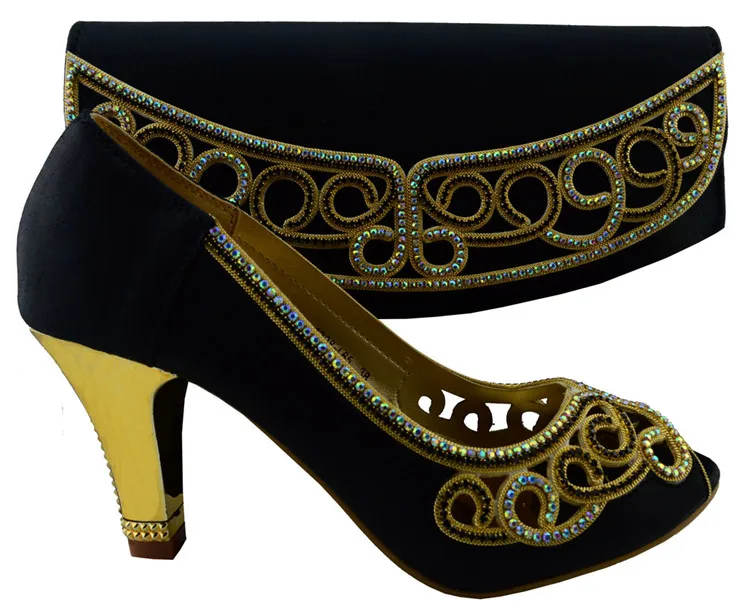

High grade African shoes matching handbag sets with rhinestone women pumps for party 1308-L65 black,high heel 8cm
