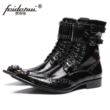 Популярная мужская обувь ручной работы с ремешком в стиле панк, обувь с острым носком, высокие мотоциклетные ботинки из лакированной кожи, мужские высокие сапоги с заклепками, SL477