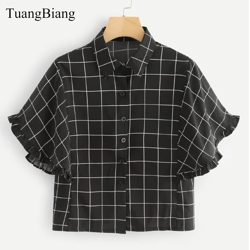 Prix TuangBiang 2018 Été Nouveau Papillon Manches Femme Chemisier Femmes Noir Plaid Ruches Chemises Camisas Mujer Court Coton Hauts courts