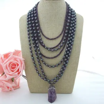 

N012802 18'' 7 Strands Purple Stone Hematite Necklace Gems Rough Pendant