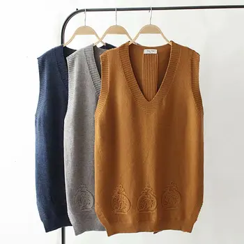 

2019 Korean Embroidery Long Knitted Vest Winter Plus Size Women Sweater Pullover V-Neck Loose Sleeveless Jacket Gilet Femme Coat