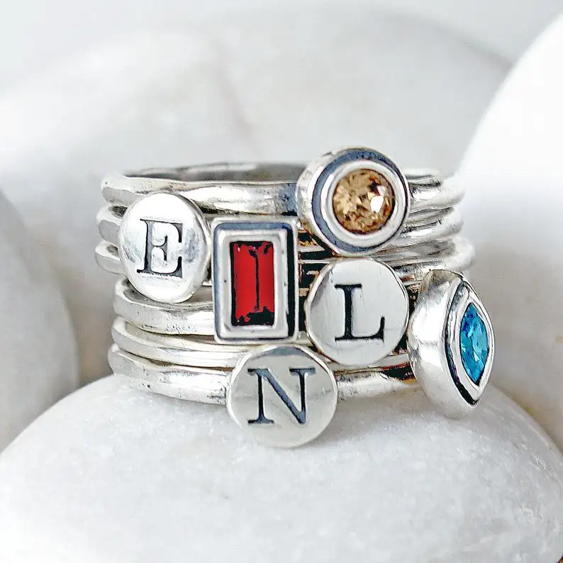 

Birthstone Ring Mothers Ring Design your own stack ring set Stacking Rings Family Ring with Initials and Birthstones