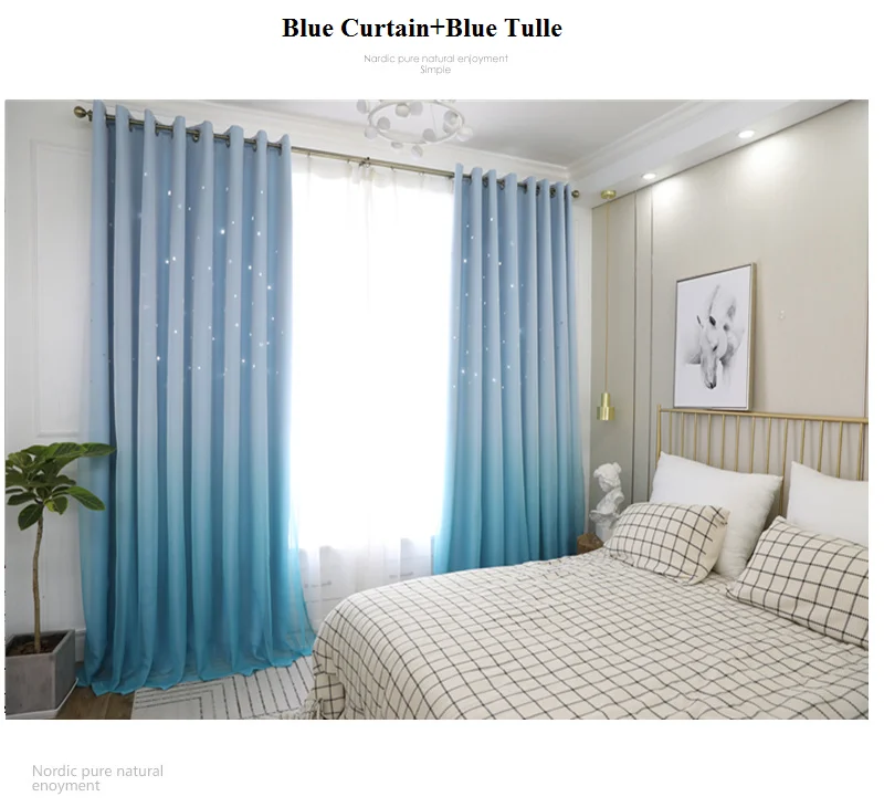 Pastoral Curtains for Living Dining Room Lace Fabric Hollow Star Kids Curtain for Bedroom Tulle Curtain Gradual Change Fantastic