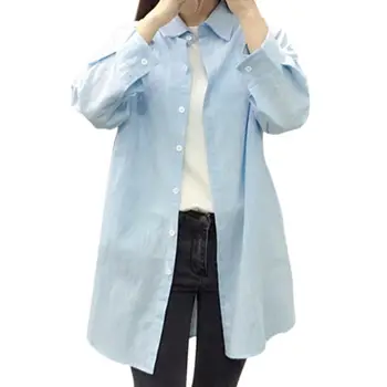 

Women Blouses Summer Loose Blouse Turn-down Collar Solid Tops Long sleeve Button Blusas