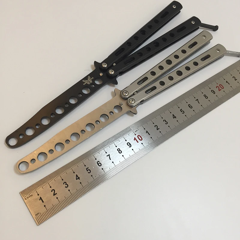 Negro de plata de acero inoxidable práctica mariposa en cuchillo Formación Cuchillo plegable herramienta al aire libre Camping cuchillo de auto-defensa cuchillo