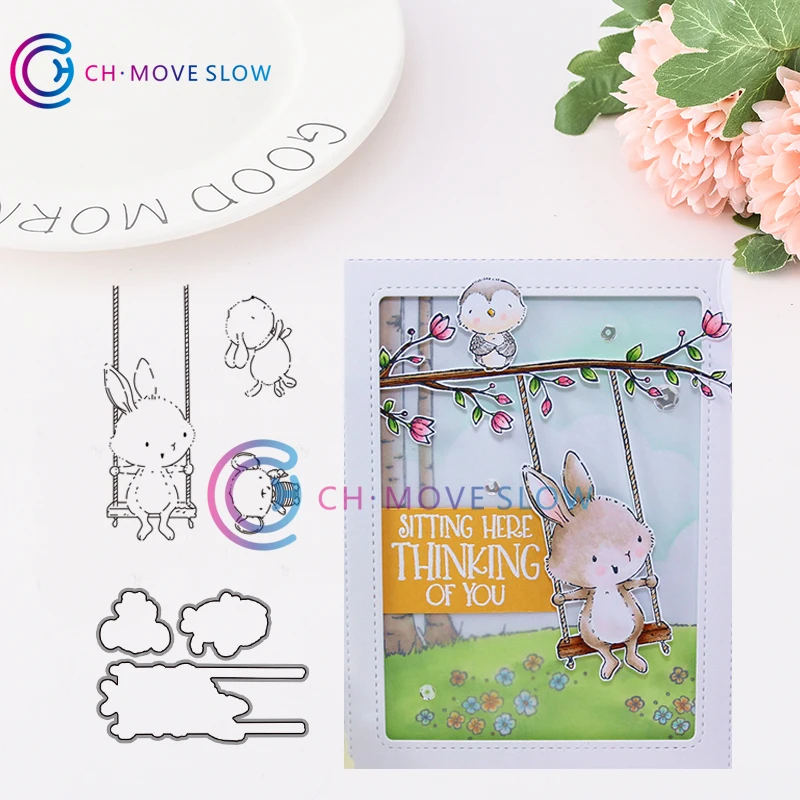 

CH bunny on swing Metal Cutting Dies and stamps DIY Scrapbooking Card Stencil Paper Craft Handmade Album Handbook Decoration