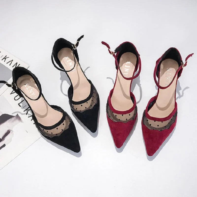 

High-heeled shoes women's fine with 2019 spring new cat with fairy wind tip net red lace word buckle with single shoes