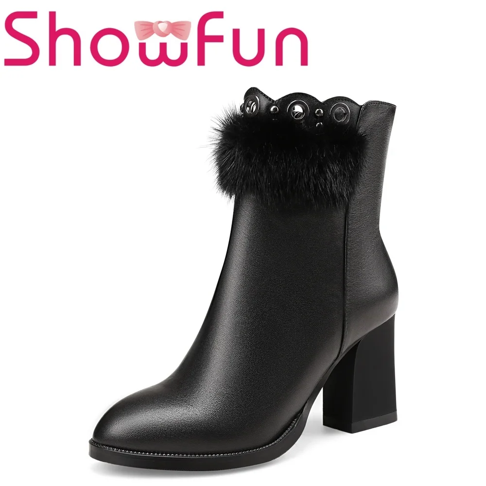 Showfun натуральная кожа женская обувь зима до середины икры на молнии с острым
