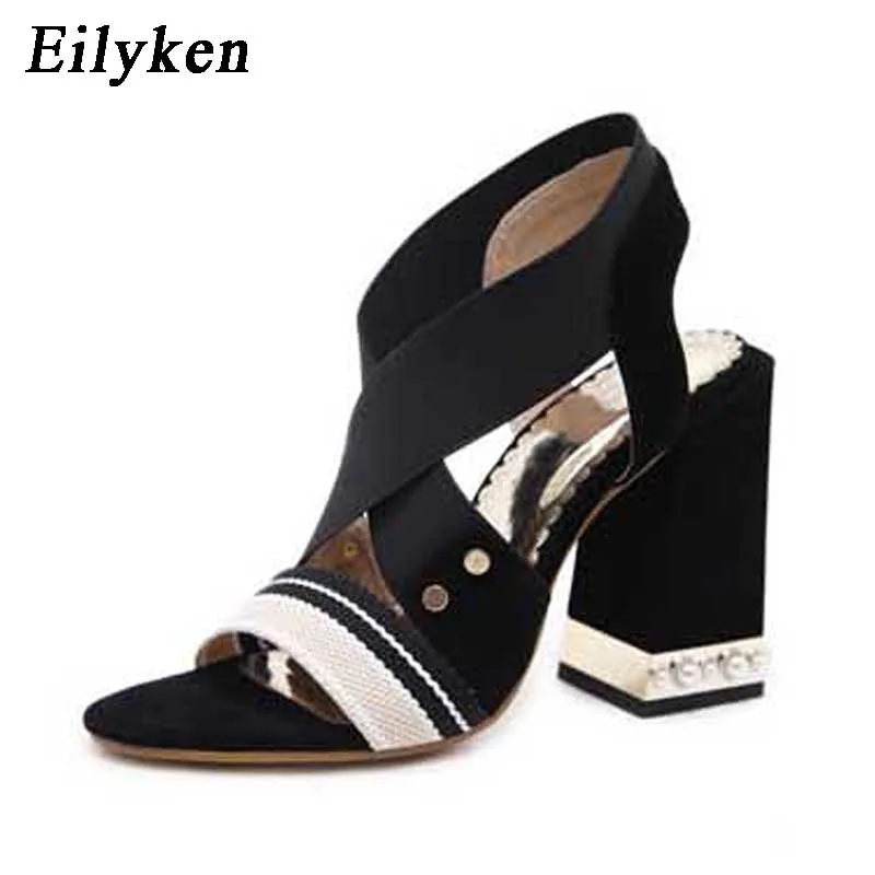 Eilyken/модные женские босоножки с эластичным ремешком; туфли-лодочки на прозрачном каблуке с эластичным ремешком; женские сандалии в римском стиле; размеры 34-40 - Цвет: BLACK