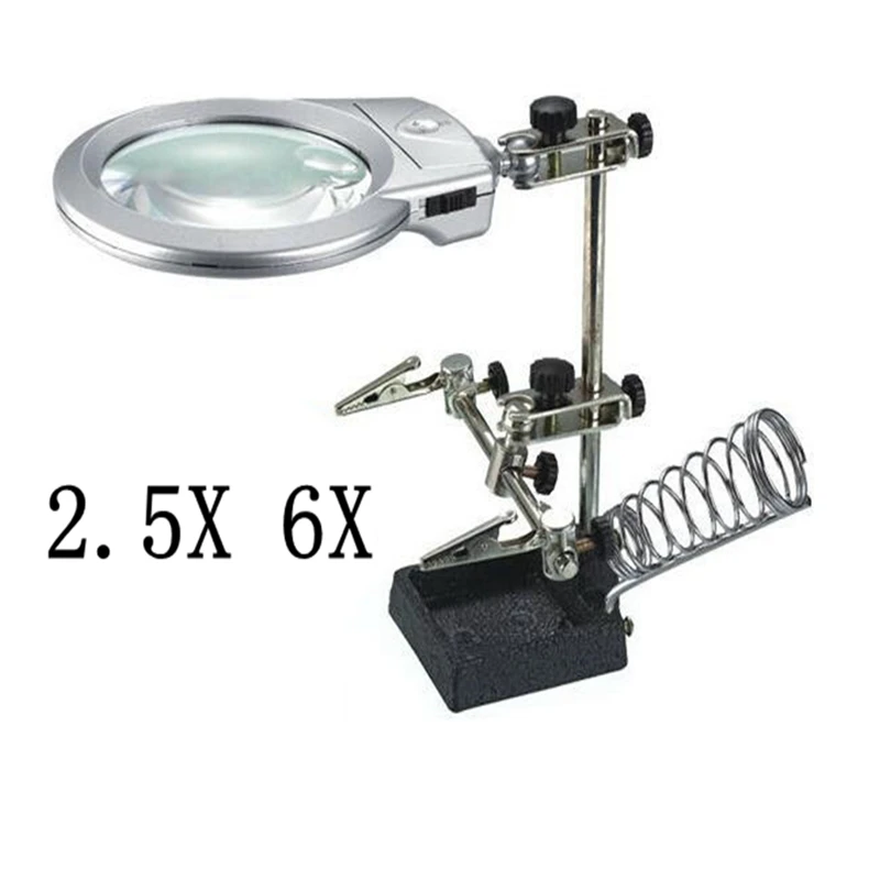 

2x 6x Hands Free Original Desktop Helping Hand Loupe Dual-Use LED Light Magnifier with Auxiliary Clip Soldering Station