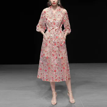 

HANZANGL Newest 2019 Brand Women Dress Vintage Floral Embroidery Mesh Long Windbreaker Dress Casual Midi Party Dresses