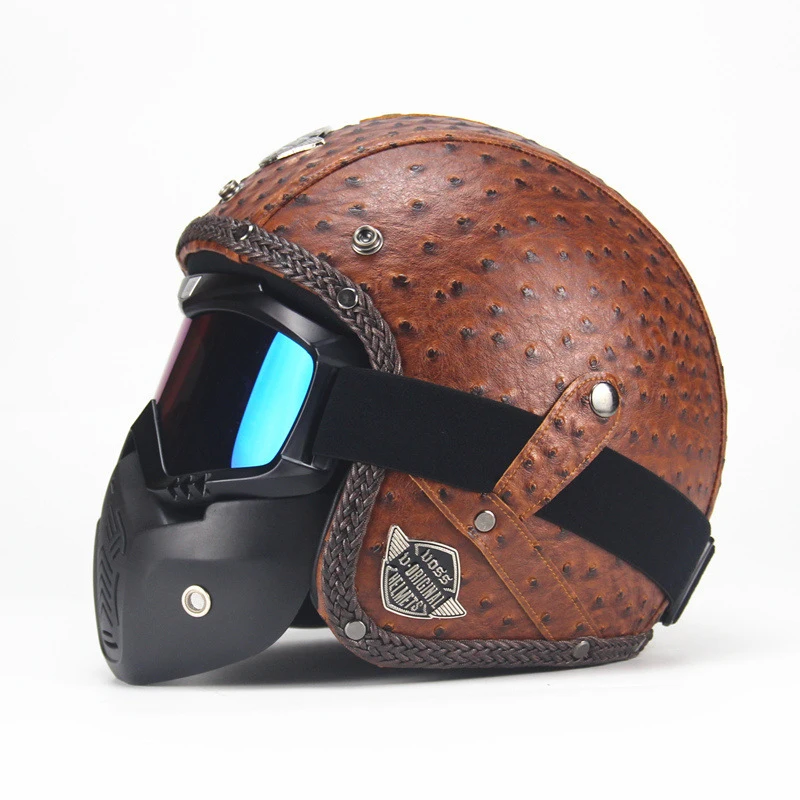 Vintage leather motorcycle motorbike open face helmet 3/4 with face mask