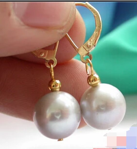 

free shipping 13377 11MM gray ROUND FRESHWATER PEARL DANGLE EARRING