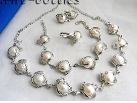 

Wholesale price ^ 12MM White Baroque Freshwater Pearl Zircon Necklace Bracelet Earring Ring Set hot