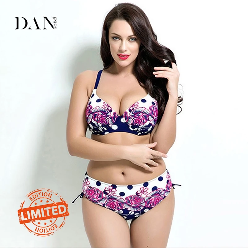 

DANENOY Plus Size Women Swimwear Purple Rose Print Flowers Two Piece Bikini 2019 Push Up Breast Pad Fat Swimsuit Monokini TW115