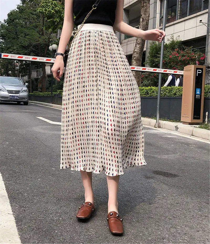 Корейская Новая женская летняя юбка высокая эластичность Бохо абрикосовая шифоновая юбка до середины икры Свободные повседневные длинные юбки для женщин